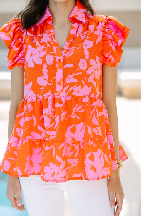 Floral Print Tiered Flutter Sleeve Collared Blouse