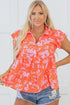 Floral Print Tiered Flutter Sleeve Collared Blouse