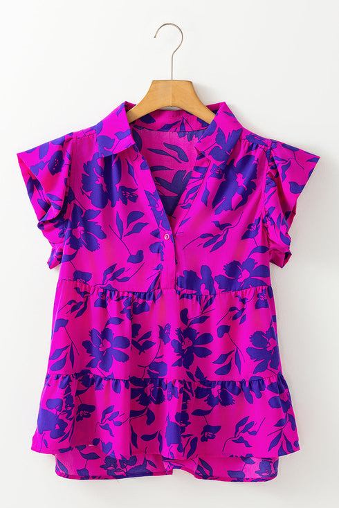 Floral Print Tiered Flutter Sleeve Collared Blouse