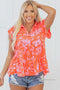 Floral Print Tiered Flutter Sleeve Collared Blouse