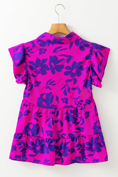 Floral Print Tiered Flutter Sleeve Collared Blouse
