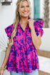 Floral Print Tiered Flutter Sleeve Collared Blouse