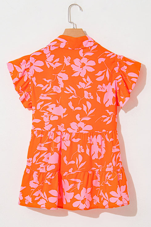 Floral Print Tiered Flutter Sleeve Collared Blouse