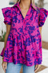 Floral Print Tiered Flutter Sleeve Collared Blouse