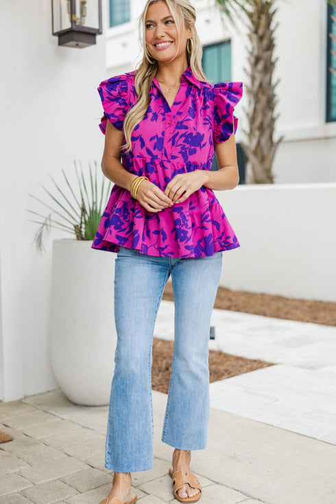 Floral Print Tiered Flutter Sleeve Collared Blouse