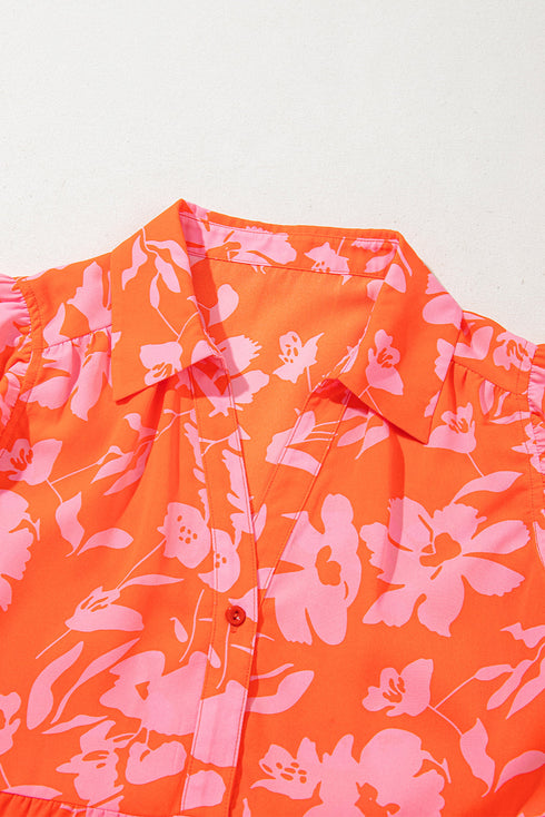 Floral Print Tiered Flutter Sleeve Collared Blouse