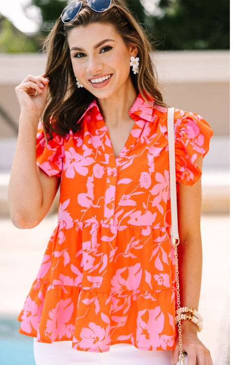 Floral Print Tiered Flutter Sleeve Collared Blouse
