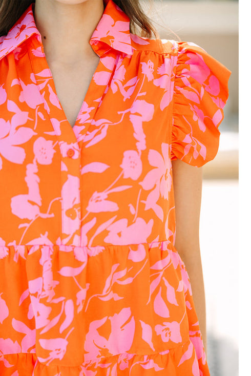 Floral Print Tiered Flutter Sleeve Collared Blouse