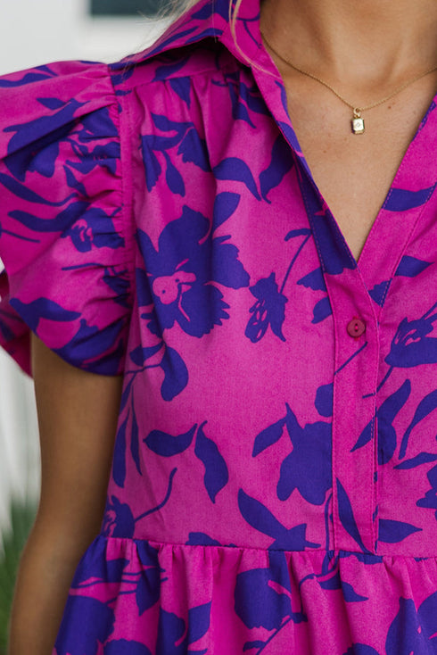 Floral Print Tiered Flutter Sleeve Collared Blouse