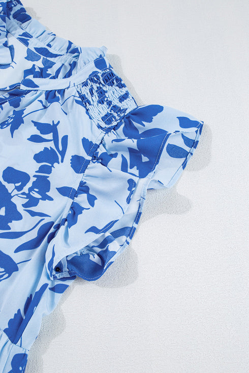 Floral Print Tiered Frilled Trim Flutter Sleeve Maxi Dress