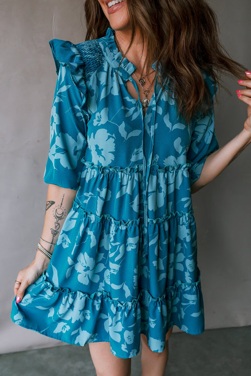 Floral Print Tiered Ruffled Half Sleeve Mini Dress
