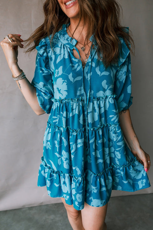 Floral Print Tiered Ruffled Half Sleeve Mini Dress