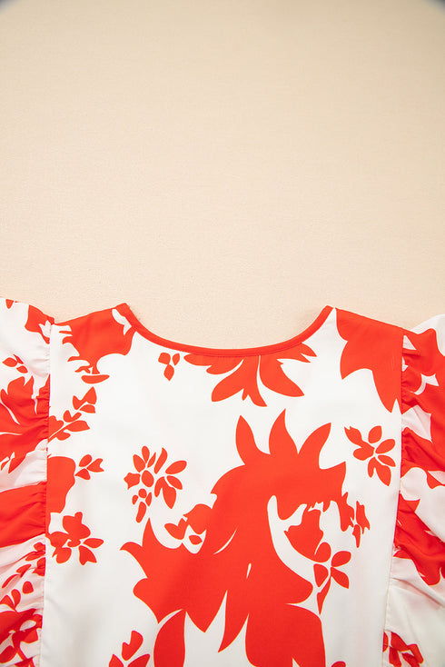 Floral Print Trimmed V Neck Ruffle Sleeve Maxi Dress