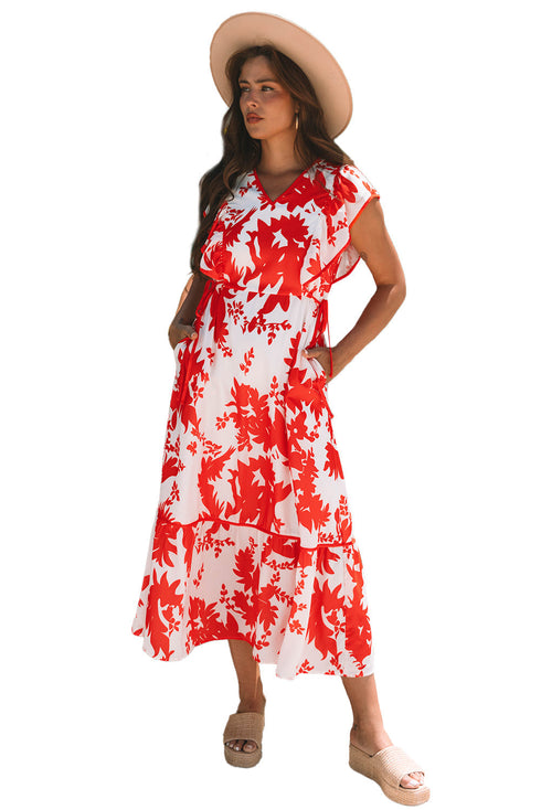 Floral Print Trimmed V Neck Ruffle Sleeve Maxi Dress