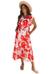 Floral Print Trimmed V Neck Ruffle Sleeve Maxi Dress
