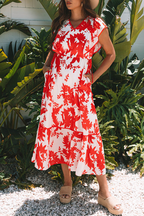 Floral Print Trimmed V Neck Ruffle Sleeve Maxi Dress