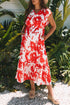 Floral Print Trimmed V Neck Ruffle Sleeve Maxi Dress