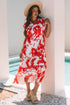 Floral Print Trimmed V Neck Ruffle Sleeve Maxi Dress