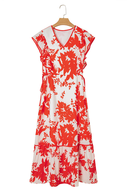 Floral Print Trimmed V Neck Ruffle Sleeve Maxi Dress