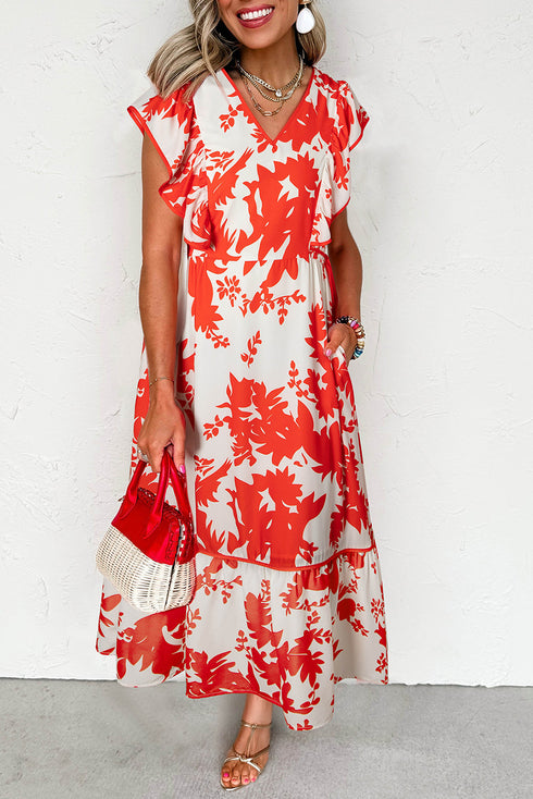 Floral Print Trimmed V Neck Ruffle Sleeve Maxi Dress