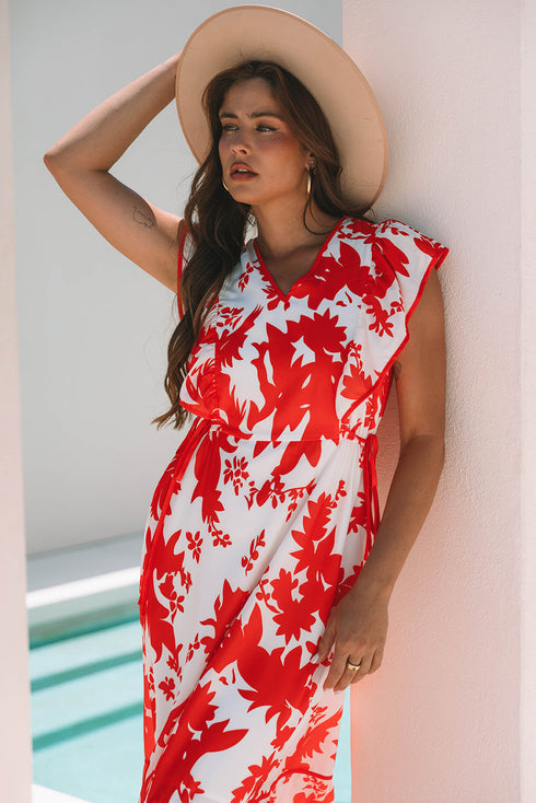 Floral Print Trimmed V Neck Ruffle Sleeve Maxi Dress