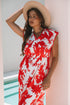 Floral Print Trimmed V Neck Ruffle Sleeve Maxi Dress