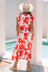 Floral Print Trimmed V Neck Ruffle Sleeve Maxi Dress