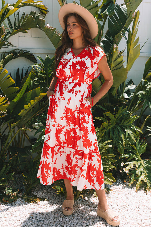 Floral Print Trimmed V Neck Ruffle Sleeve Maxi Dress