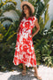Floral Print Trimmed V Neck Ruffle Sleeve Maxi Dress