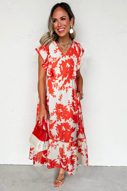 Floral Print Trimmed V Neck Ruffle Sleeve Maxi Dress