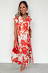 Floral Print Trimmed V Neck Ruffle Sleeve Maxi Dress