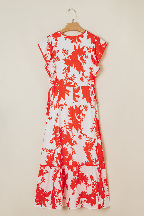 Floral Print Trimmed V Neck Ruffle Sleeve Maxi Dress