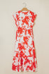 Floral Print Trimmed V Neck Ruffle Sleeve Maxi Dress