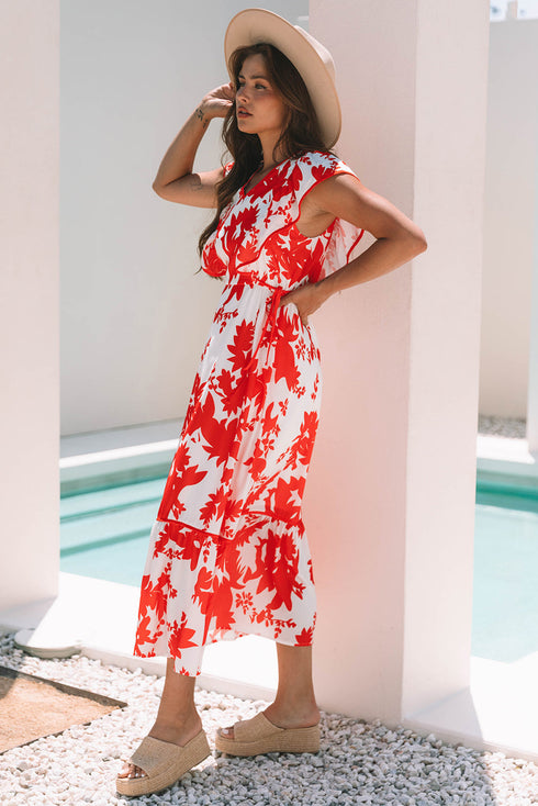 Floral Print Trimmed V Neck Ruffle Sleeve Maxi Dress