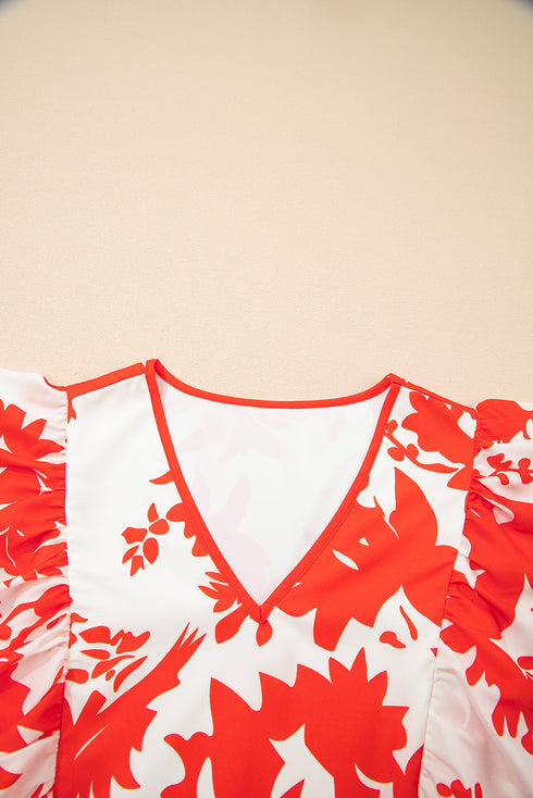 Floral Print Trimmed V Neck Ruffle Sleeve Maxi Dress