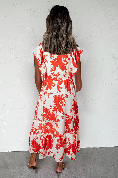 Floral Print Trimmed V Neck Ruffle Sleeve Maxi Dress