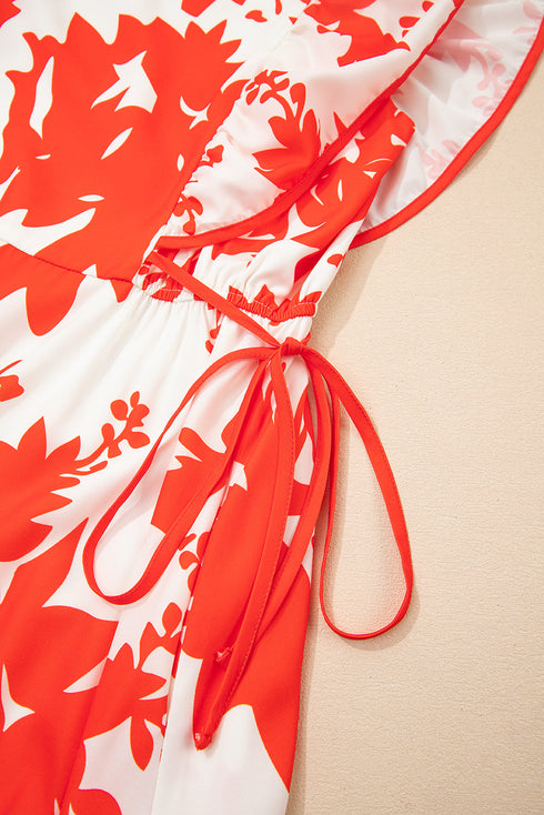 Floral Print Trimmed V Neck Ruffle Sleeve Maxi Dress