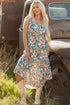 Floral Print Trimmed V Neck Tie Waist Sleeveless Holiday Long Dress