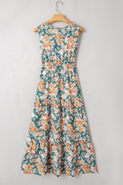Floral Print Trimmed V Neck Tie Waist Sleeveless Holiday Long Dress
