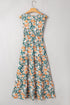 Floral Print Trimmed V Neck Tie Waist Sleeveless Holiday Long Dress