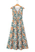 Floral Print Trimmed V Neck Tie Waist Sleeveless Holiday Long Dress