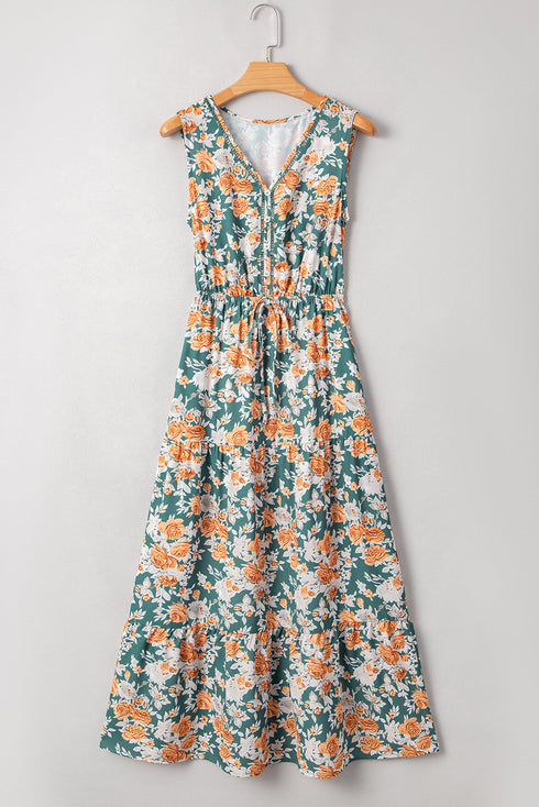 Floral Print Trimmed V Neck Tie Waist Sleeveless Holiday Long Dress