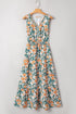 Floral Print Trimmed V Neck Tie Waist Sleeveless Holiday Long Dress