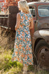 Floral Print Trimmed V Neck Tie Waist Sleeveless Holiday Long Dress