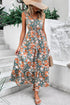 Floral Print Trimmed V Neck Tie Waist Sleeveless Holiday Long Dress