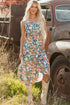 Floral Print Trimmed V Neck Tie Waist Sleeveless Holiday Long Dress