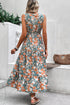 Floral Print Trimmed V Neck Tie Waist Sleeveless Holiday Long Dress