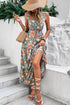 Floral Print Trimmed V Neck Tie Waist Sleeveless Holiday Long Dress