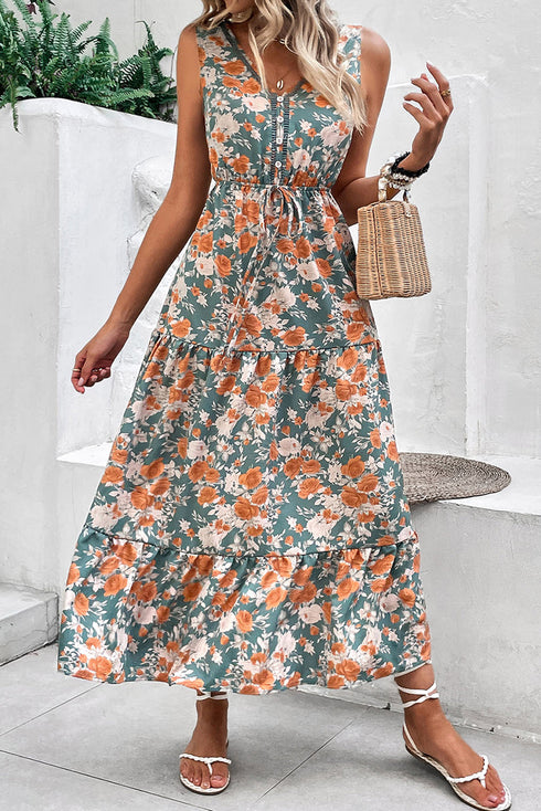 Floral Print Trimmed V Neck Tie Waist Sleeveless Holiday Long Dress