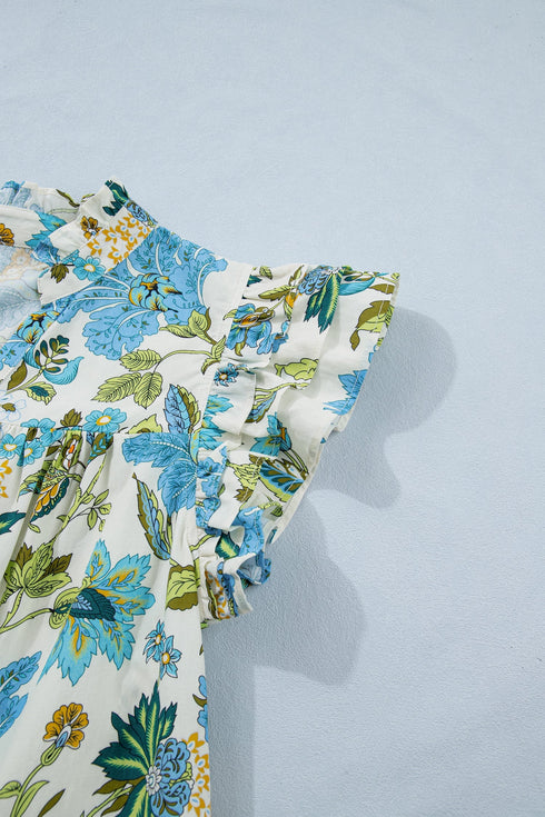 Floral Print Triple Ruffle V Neck Shift Mini Dress